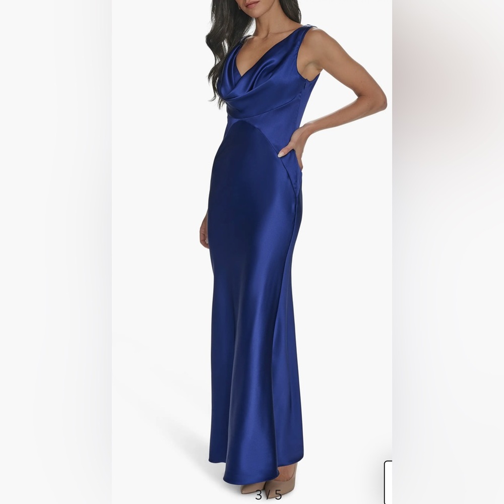 Vince Camuto Royal Blue Satin Maxi Dress Draped neck - Picture 3 of 4